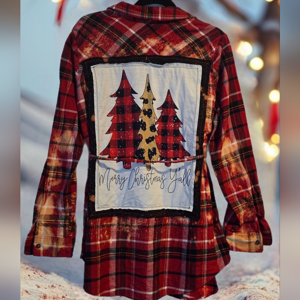 Upcycled BUFFALO CHECK CHRISTMAS TREES distressed Plaid Flannel Shirt Dress